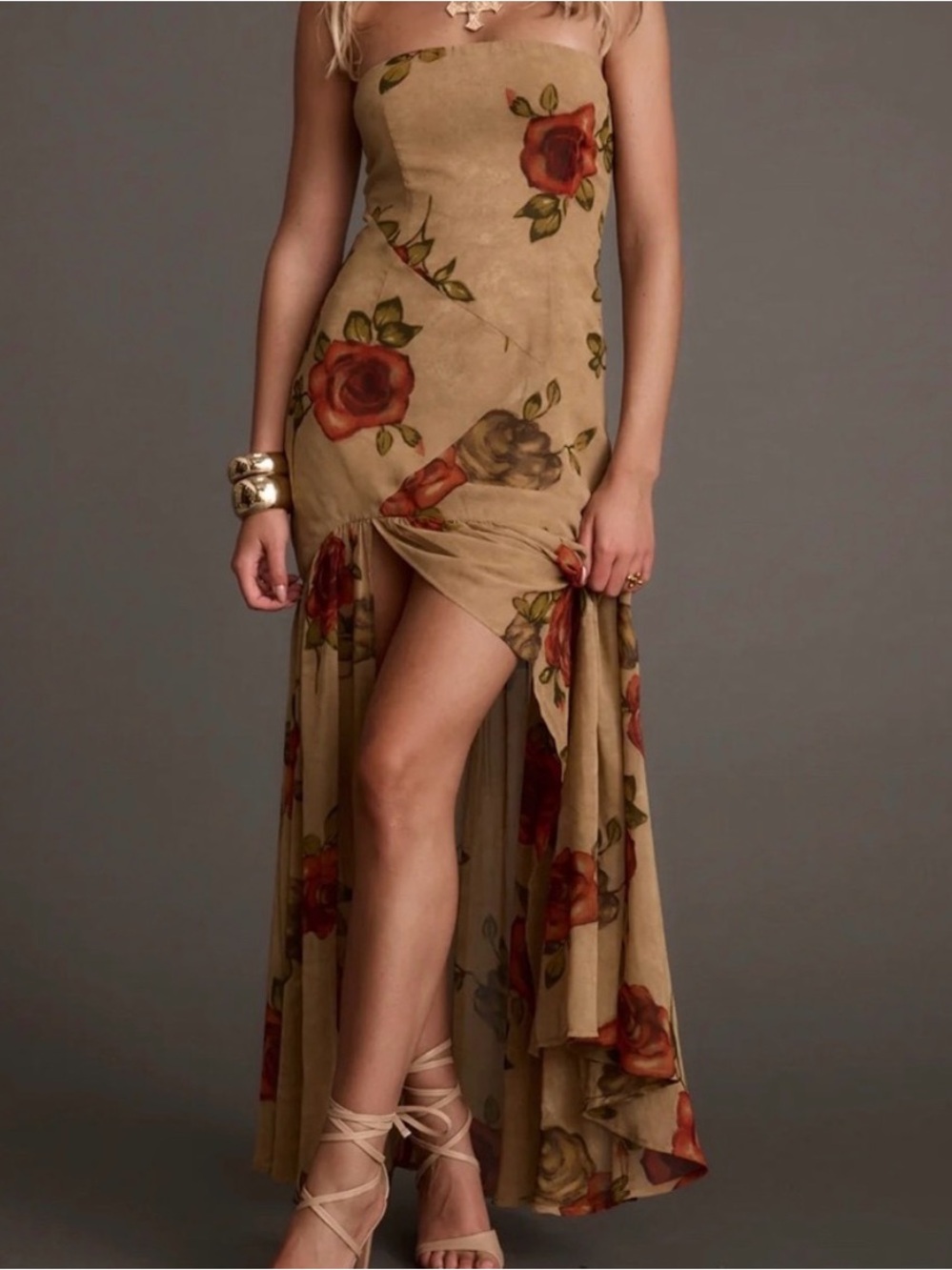 NWT 12th Tribe Labelle Strapless Tan Rose Drop Waist Maxi Dress XS Romantic